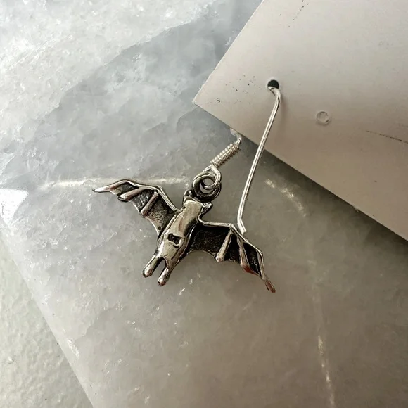 Sterling Silver 925 Bat Earrings with Vintage Finish Handmade - Picture 4 of 4